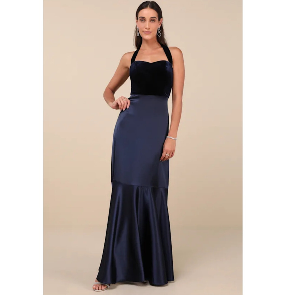 NWT‎ Lulus Mesmerizing Impressions Navy Blue Mixed Media Halter Maxi Dress Sz XS